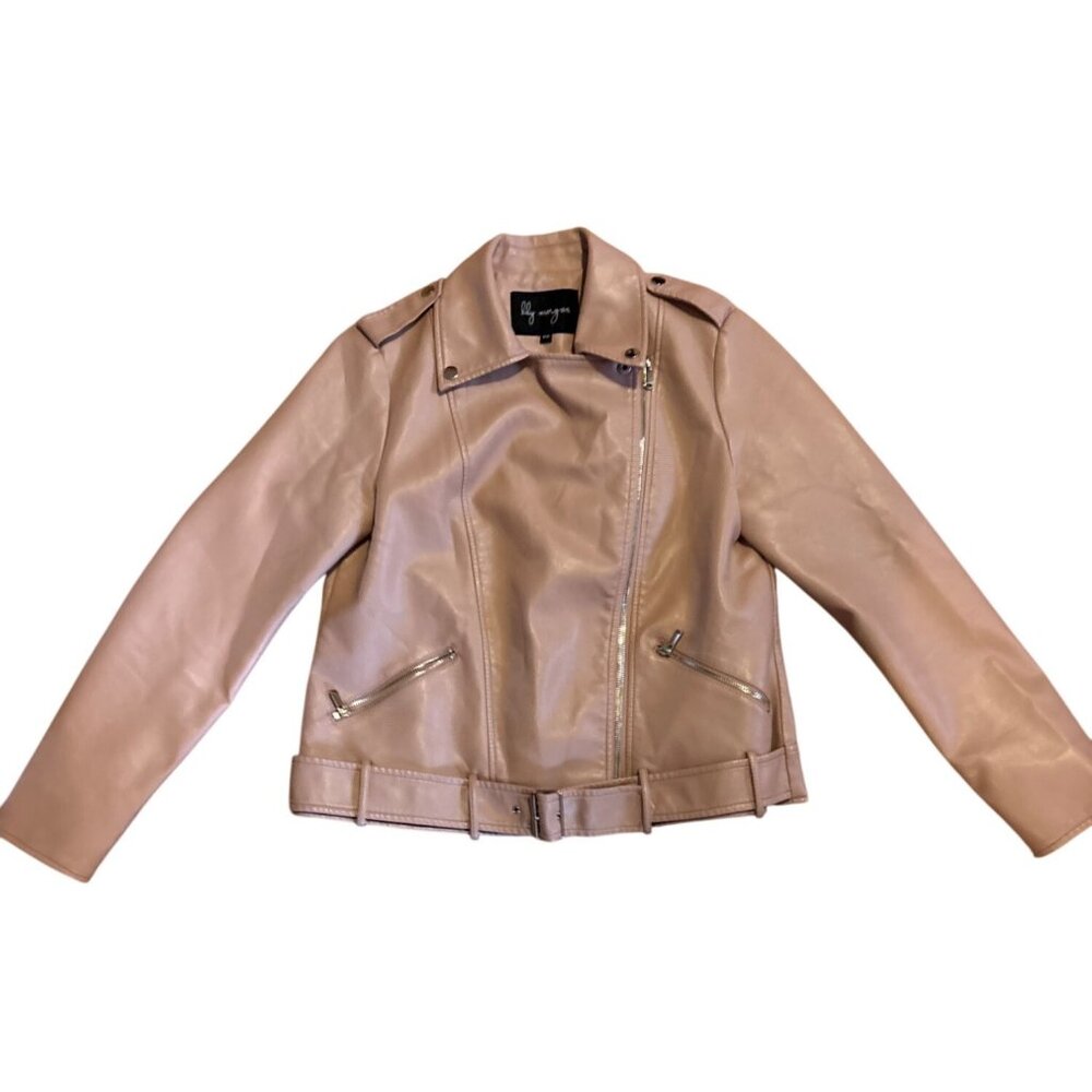 Lily Morgan Moto Jacket Womens Faux Leather M Light Pink Zipper Pockets Belted